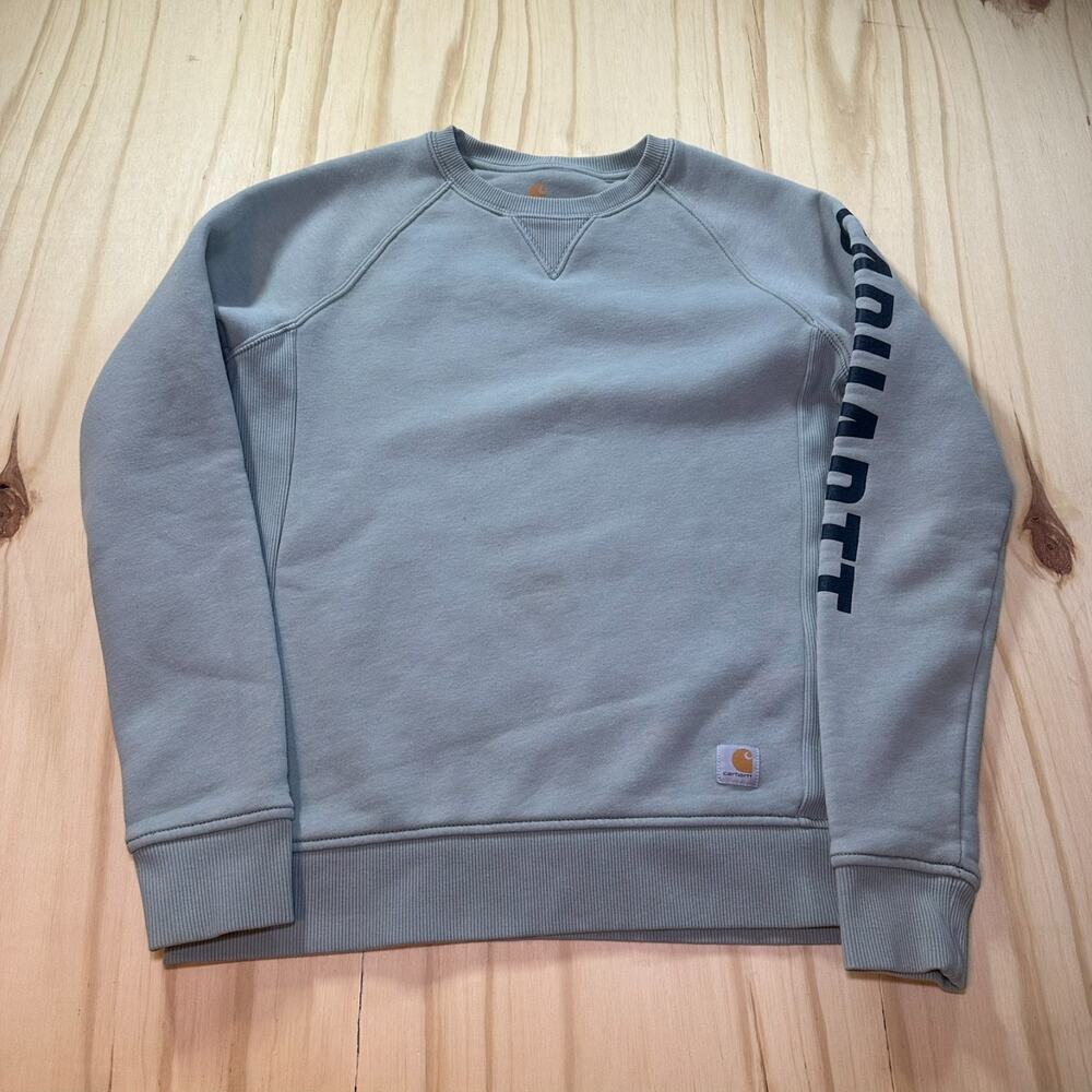 Carhartt Sweatshirt Womens Small Green Relaxed Fit Logo Sleeve Crewneck